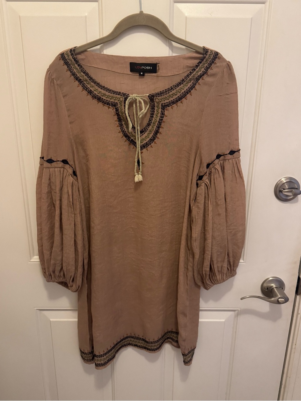 Lov Posh Taupe Embroidered Boho Tunic with Tie Neck